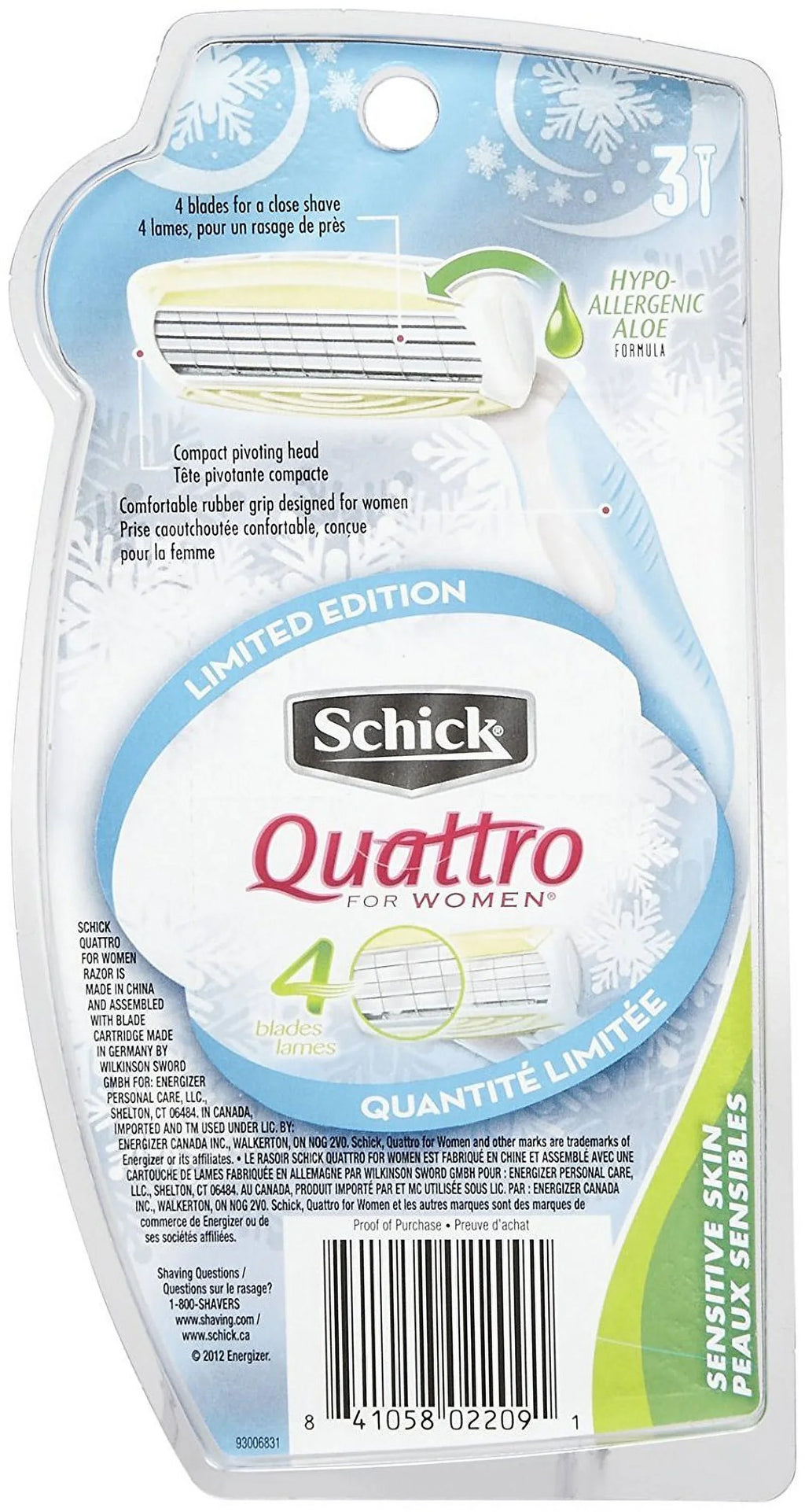 Razor Quattro Schick - For Women 2 Sensitive Pk 3 Disposable Quattro - Skin Ct