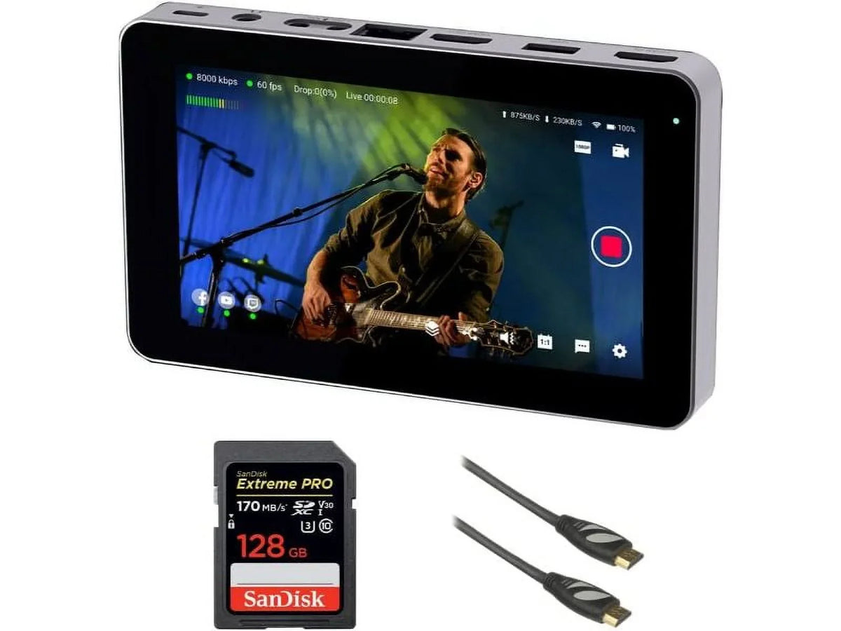 Ultra-Portable All-in-One Streaming Memory HDMI YOLOLIV Smart YOLOBOXMINI Bundle Mini YoloBox Pearstone with 128GB Extreme Live PRO Card and 6' Cable Encoder/Monitor