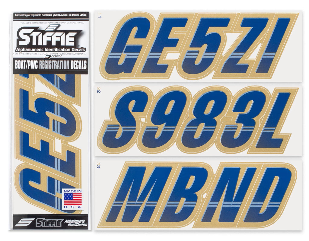Letters & Personal for PWC Navy/Gold & Numbers Custom Watercraft Registration Identification Alpha-Numeric Stickers Techtron Kit 3" STIFFIE Decals Boats Marine