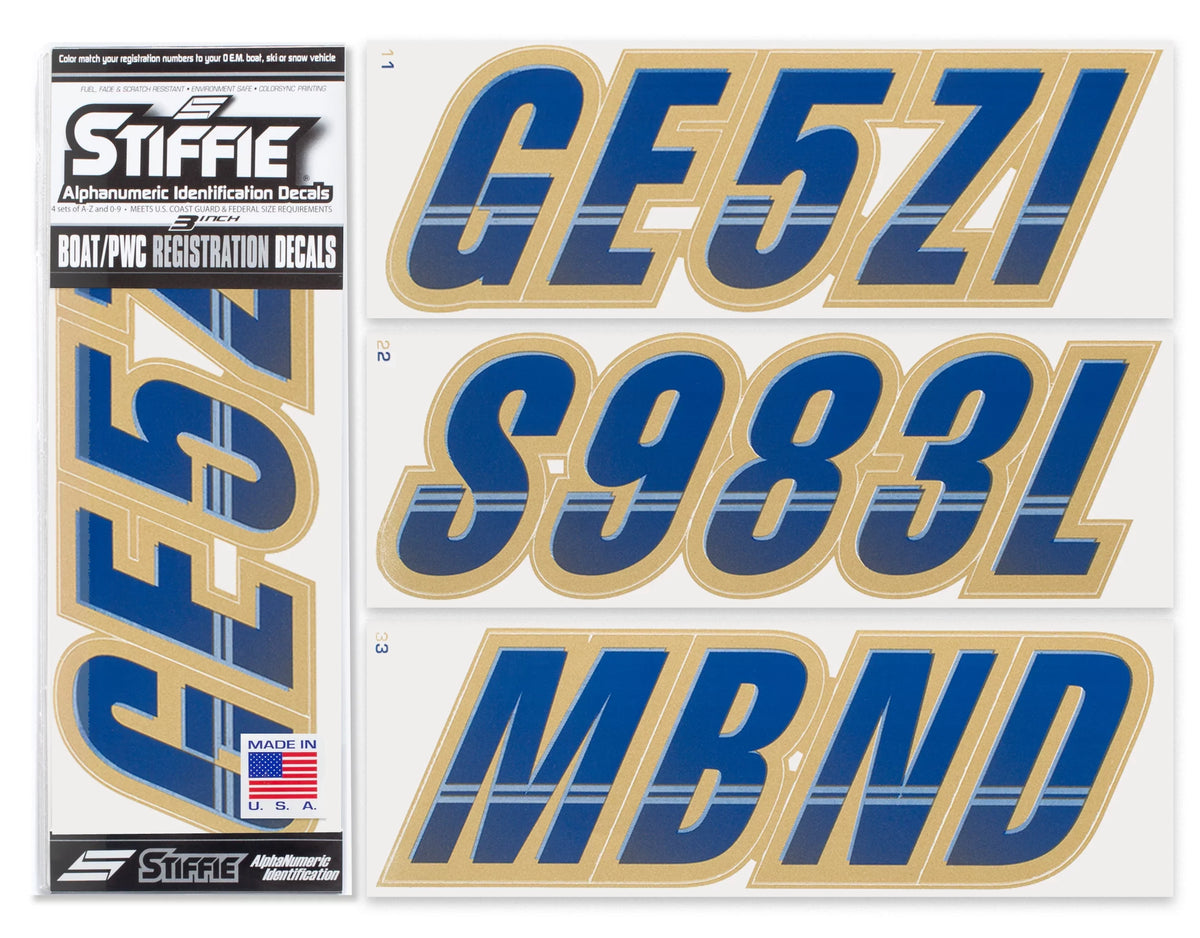 Letters & Personal for PWC Navy/Gold & Numbers Custom Watercraft Registration Identification Alpha-Numeric Stickers Techtron Kit 3" STIFFIE Decals Boats Marine