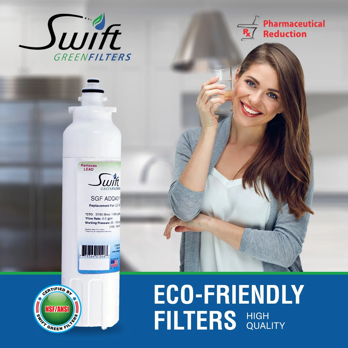 Filters SGF-ADQ401 of Pharmaceutical Rx Refrigerators LG Swift Replacement LT800P liquid for Green Filters(Pack 2)