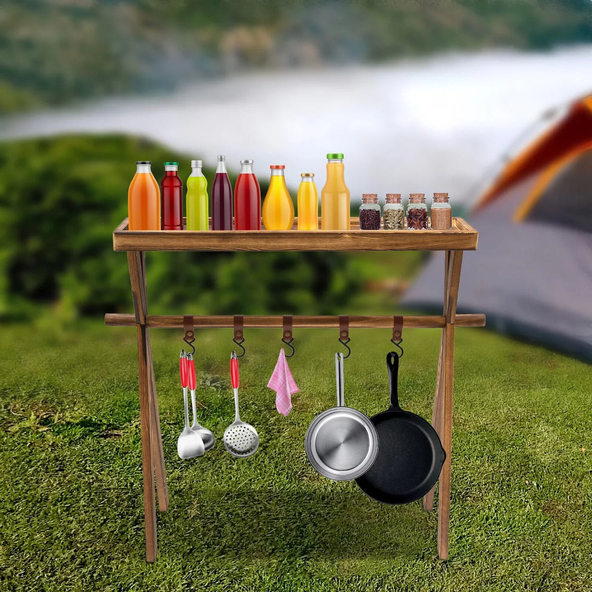 Rack Table exterior Miumaeov Picnic, Picnic Shelf Rack Wooden Portable Grill BBQ Camping, Storage for