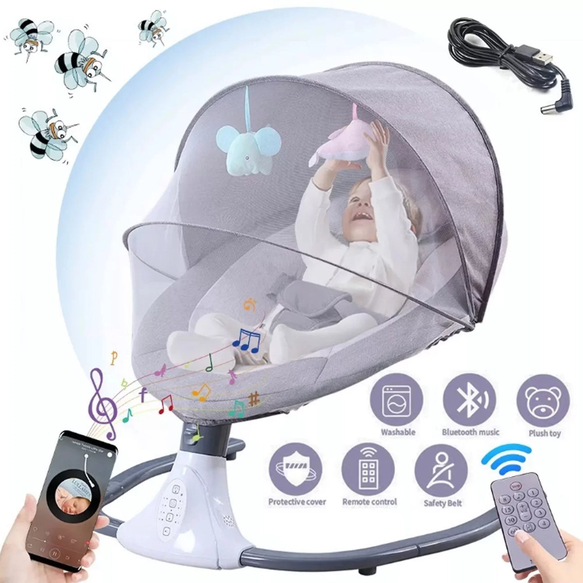Speeds Baby and Remote with Seat Electric Portable Chair Infant Swing Swing Control, Gray 4 Swing
