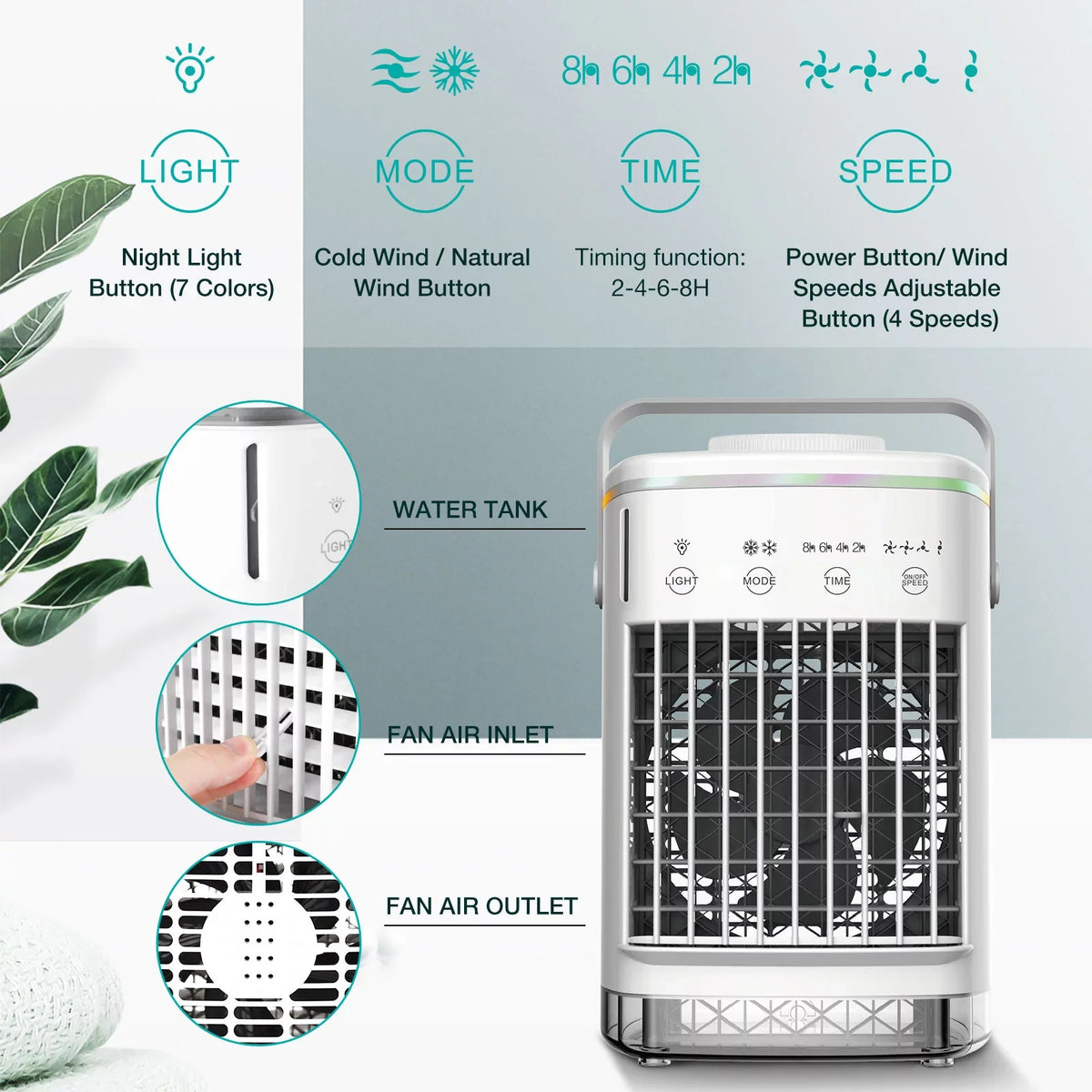 Spray Camping Office Fan Night 2-8H for Desktop Cooler 4-Speed Fan Conditioners Mini Conditioner Home Personal 7 Portable Timer Air Air Light with Hiroke Air Desk &