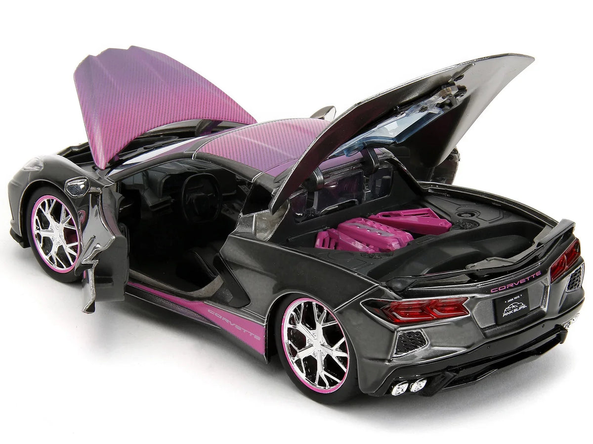 Corvette Car 2020 1/24 Gray Diecast Stingray Slips Carbon Metallic Hood Pink with Pink by Model and Jada Chevrolet Series Top