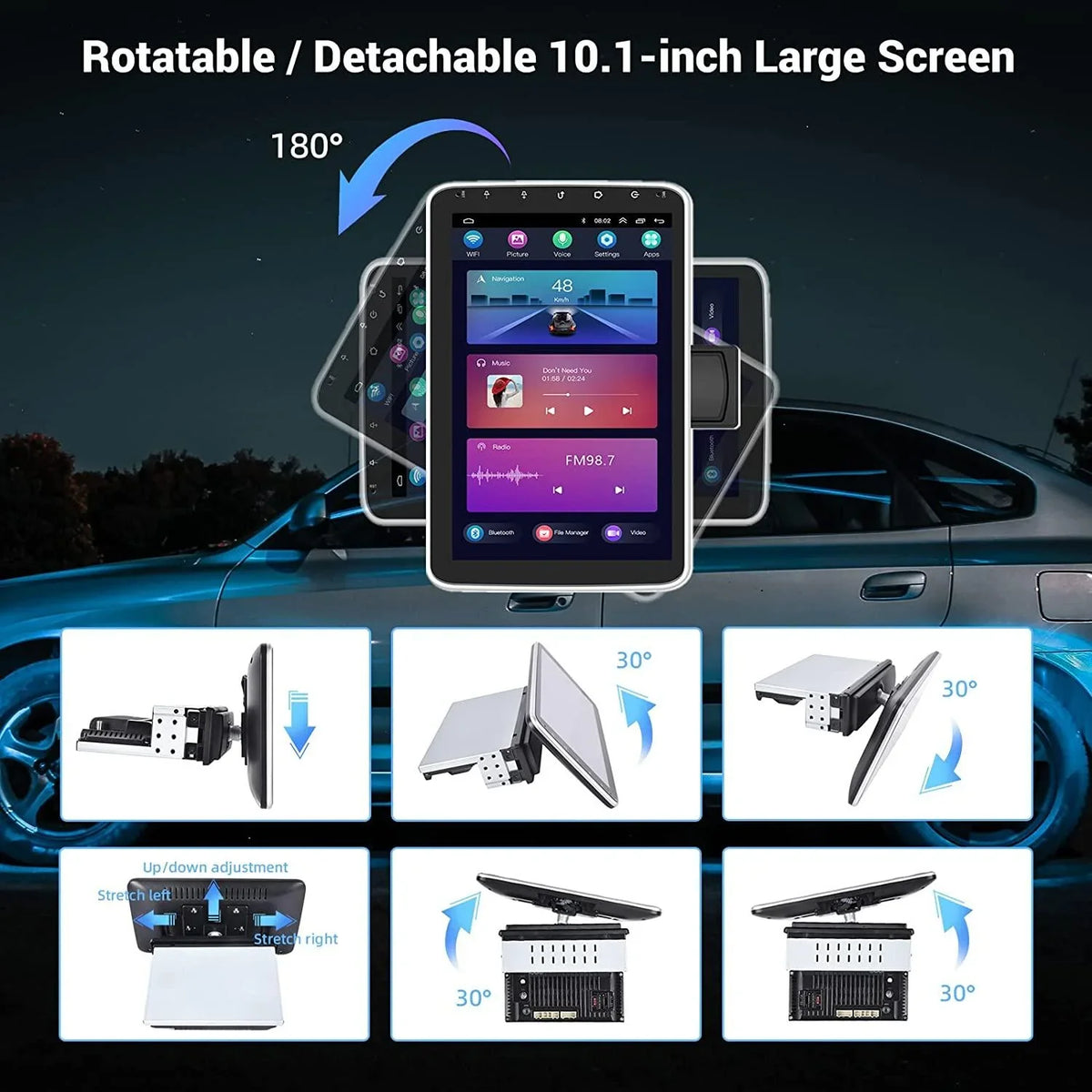 180°Rotatable Bluetooth, Screen Camera HD Wireless Podofo Carplay Single GPS Auto Vertical 1+16G Car 1080P AHD Android WIFI Android 10.1'' New FM Din 13 Radio 1 Stereo