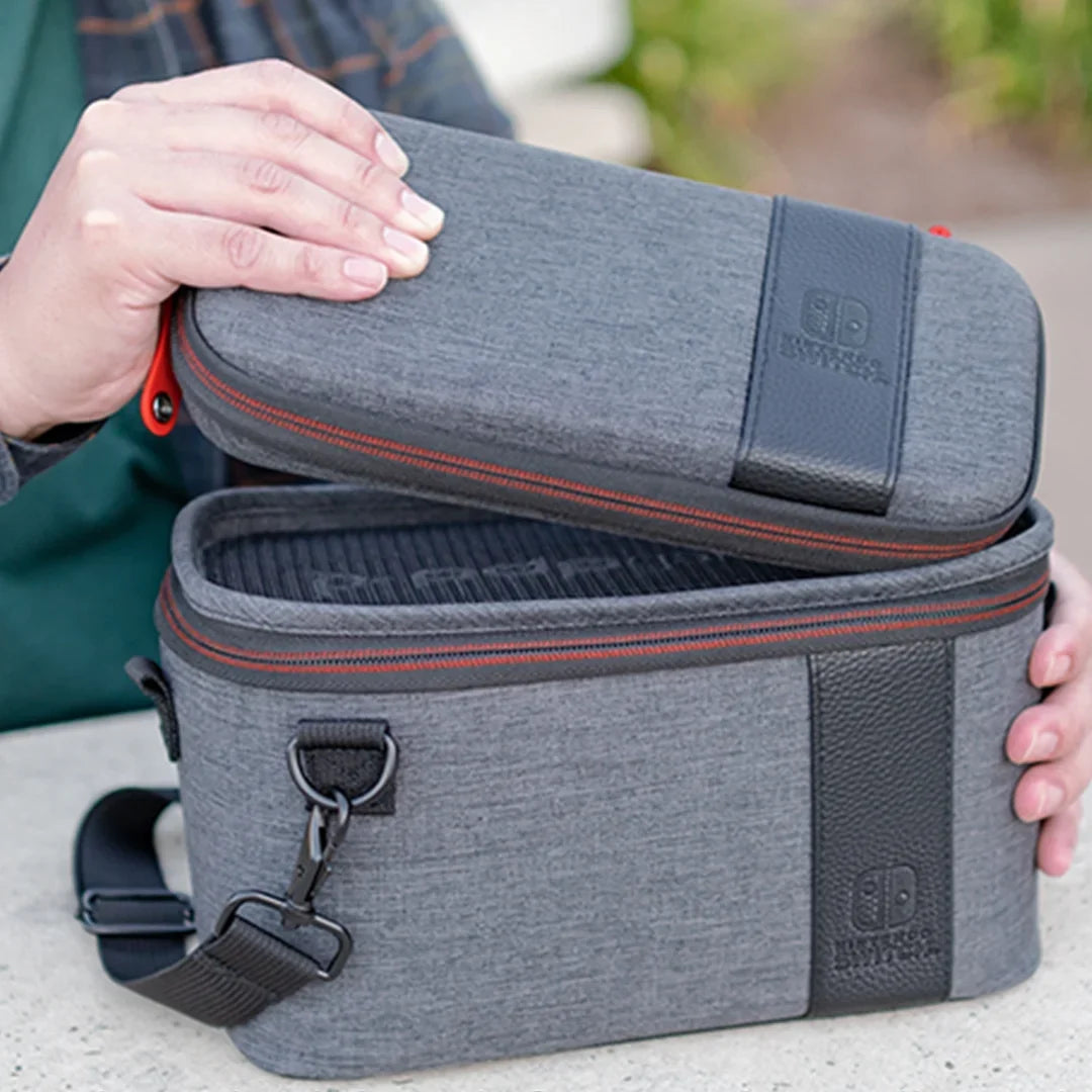 Gaming Stand, Straps Edition: Console with 2-in-1 Grey Case Dividers: PDP & Pull-N-Go Elite Switch Travel Built-in Interchangeable Removable Nintendo -
