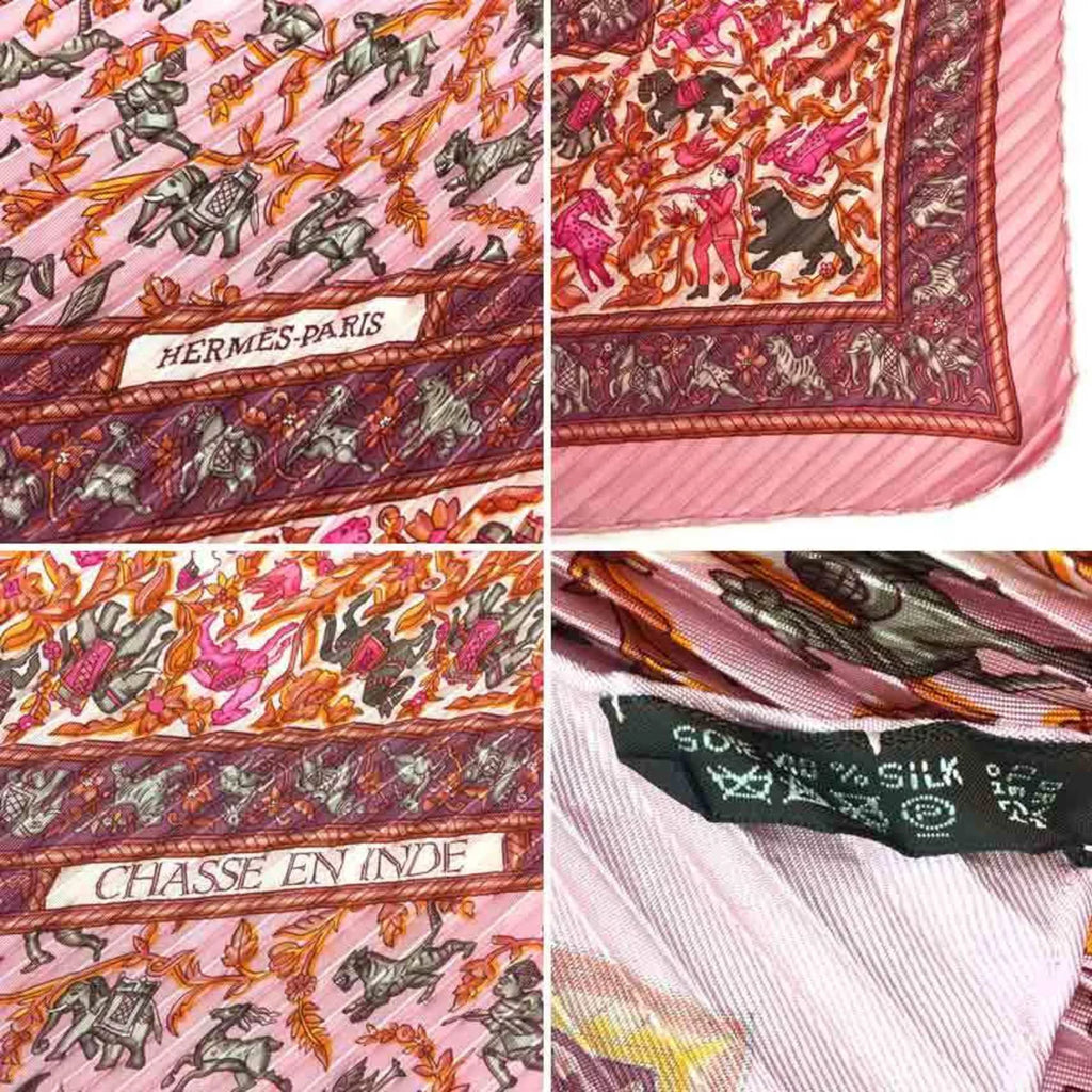 New) Hunting Carre Pre-Owned Scarf aq5273 Indian Hermes 90 Silk EN HERMES 100% Pink INDE CHASSE Women's (Like Pleated