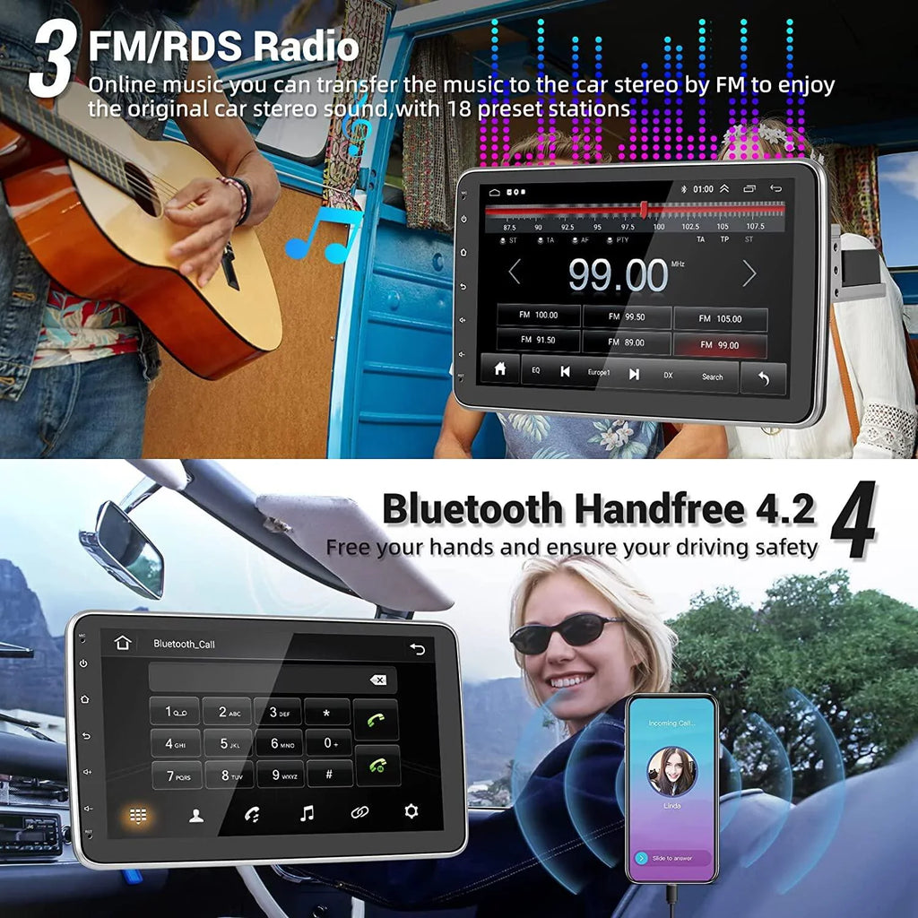 180°Rotatable Bluetooth, Screen Camera HD Wireless Podofo Carplay Single GPS Auto Vertical 1+16G Car 1080P AHD Android WIFI Android 10.1'' New FM Din 13 Radio 1 Stereo