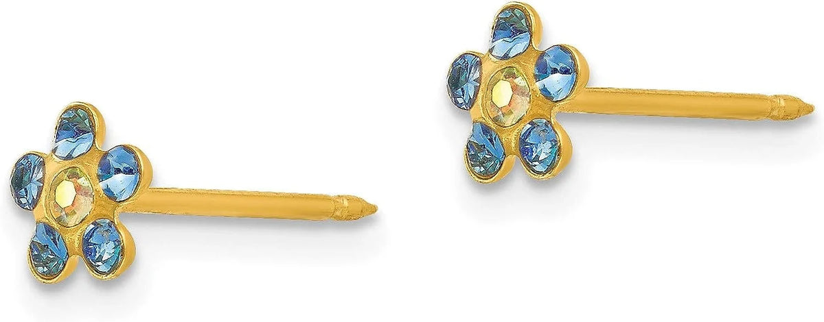 14k Gold Yellow Blue/Aurora Flower 5mm - Crystal Solid Inverness Earrings Borealis