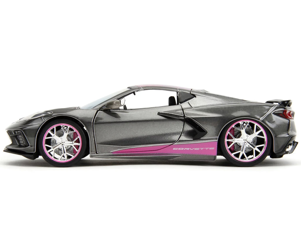 Corvette Car 2020 1/24 Gray Diecast Stingray Slips Carbon Metallic Hood Pink with Pink by Model and Jada Chevrolet Series Top