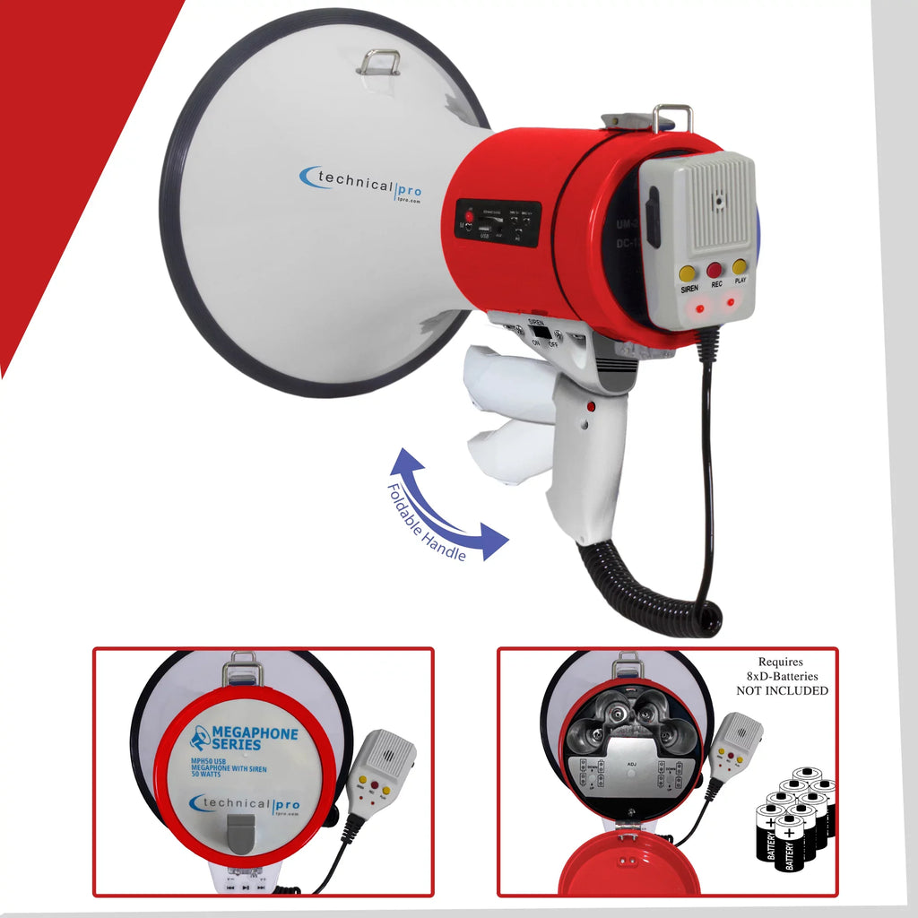 Portable Technical Battery Detachable Rechargeable Microphone w/ Siren Speaker 50-Watt and Pro Bullhorn Megaphone for w/