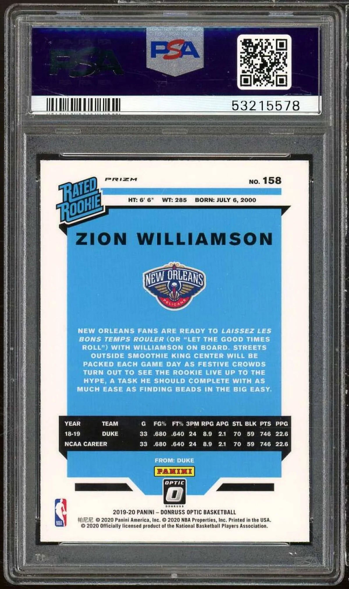 Donruss 2019-20 Williamson #158 PSA Purple Optic Rookie Shock 9 Card Panini Zion