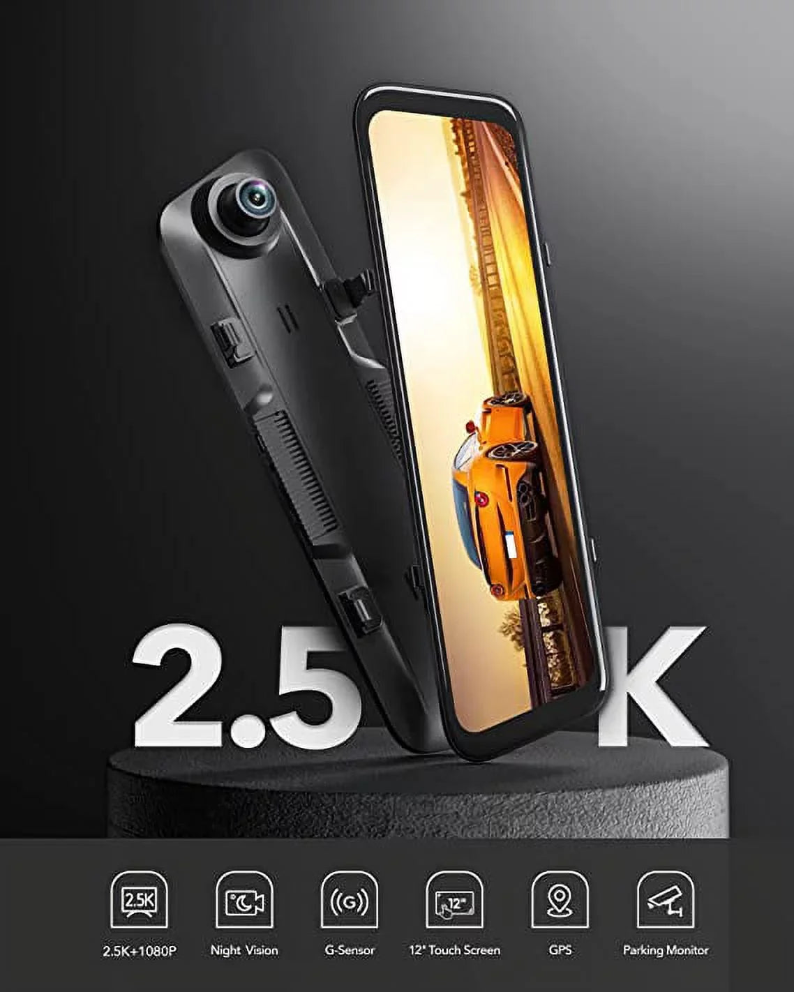 Rear Vision, Mirror Front Camera, Camera, Night 12'' Card 1080P Free Dash Rear View Cam and Built-in 2.5K 32GB with Monitor, Mirror GPS, Parking Wi-Fi WOLFBOX
