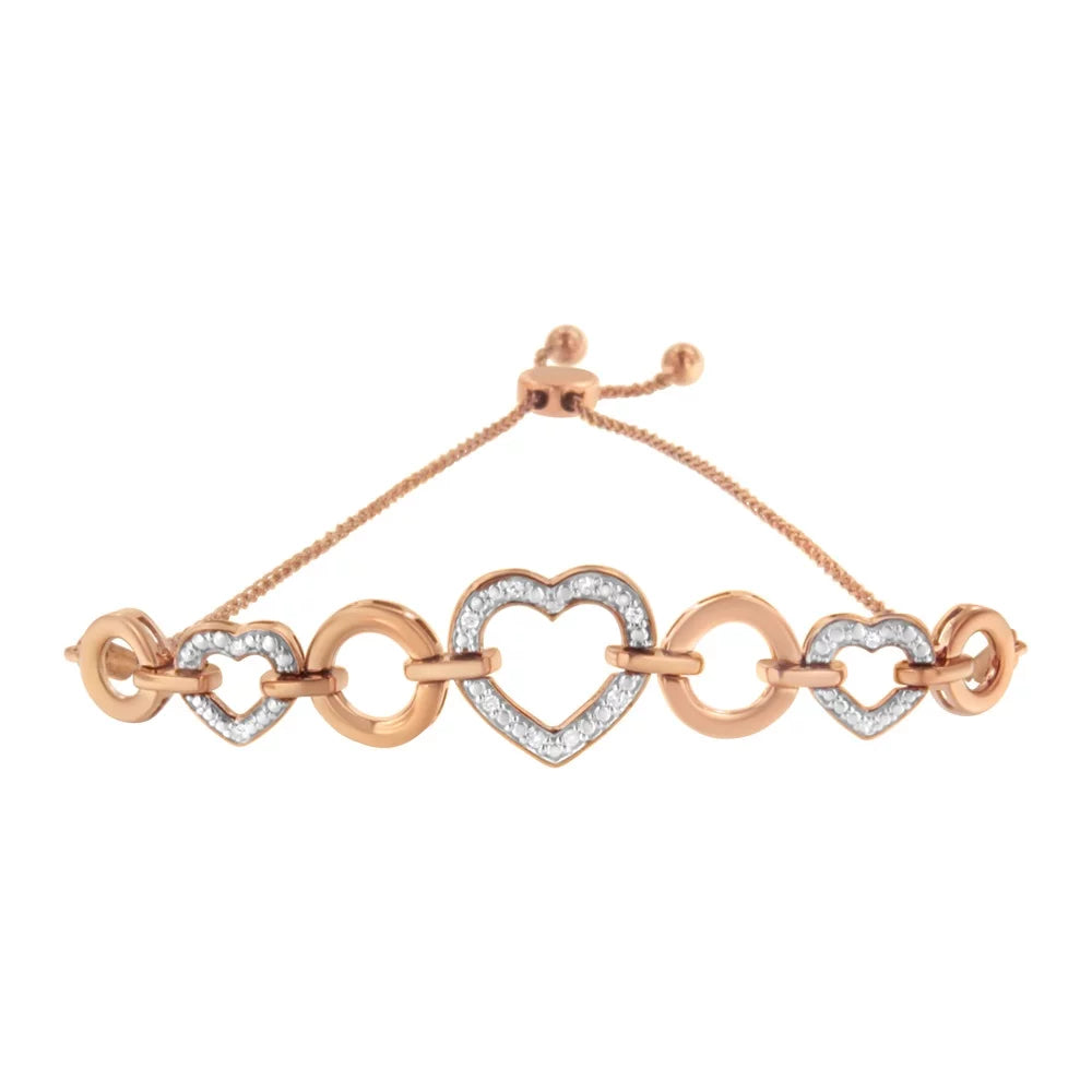 .925 Gold Bracelet and Silver Plated Rose Sterling Bolo Clarity) Color, Diamond Circle Adjustable Accent (I-J Link Heart 14K 6”-10” I3