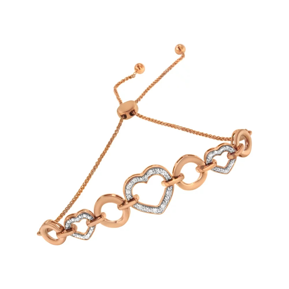 .925 Gold Bracelet and Silver Plated Rose Sterling Bolo Clarity) Color, Diamond Circle Adjustable Accent (I-J Link Heart 14K 6”-10” I3