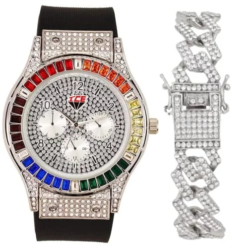 Iced Blast Combo Colourful Iced Color Out Mens Blinged with Out on Watch SLV) or Rainbow Flame Bracelets Single Out Sets Collection Set. Charles (ST10380-ZZ Raymond