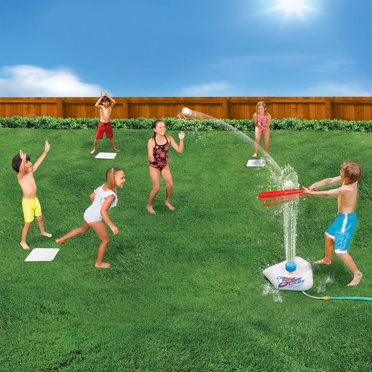 Ages Kids Plate & & 2 Batting & , + Plastic - + Balls Bases, Practice, Bat Game liquid Backyard Splash 3 Sports Includes Banzai Tee Baseball Home Sprinkler Slam Plastic -