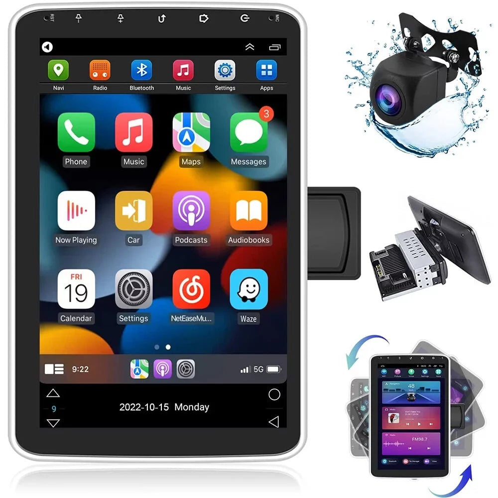 180°Rotatable Bluetooth, Screen Camera HD Wireless Podofo Carplay Single GPS Auto Vertical 1+16G Car 1080P AHD Android WIFI Android 10.1'' New FM Din 13 Radio 1 Stereo