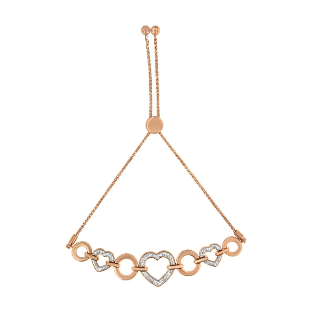 .925 Gold Bracelet and Silver Plated Rose Sterling Bolo Clarity) Color, Diamond Circle Adjustable Accent (I-J Link Heart 14K 6”-10” I3