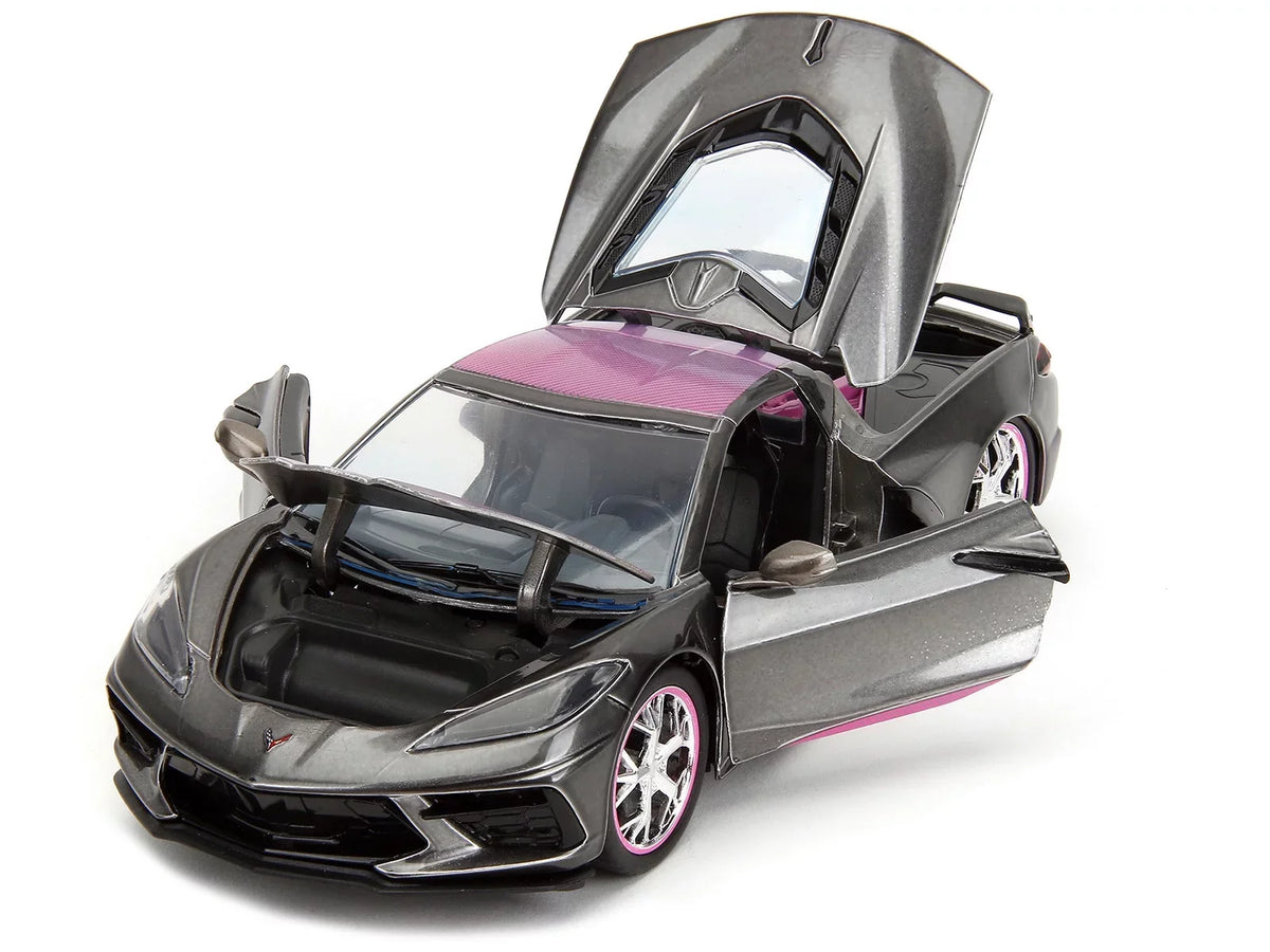 Corvette Car 2020 1/24 Gray Diecast Stingray Slips Carbon Metallic Hood Pink with Pink by Model and Jada Chevrolet Series Top