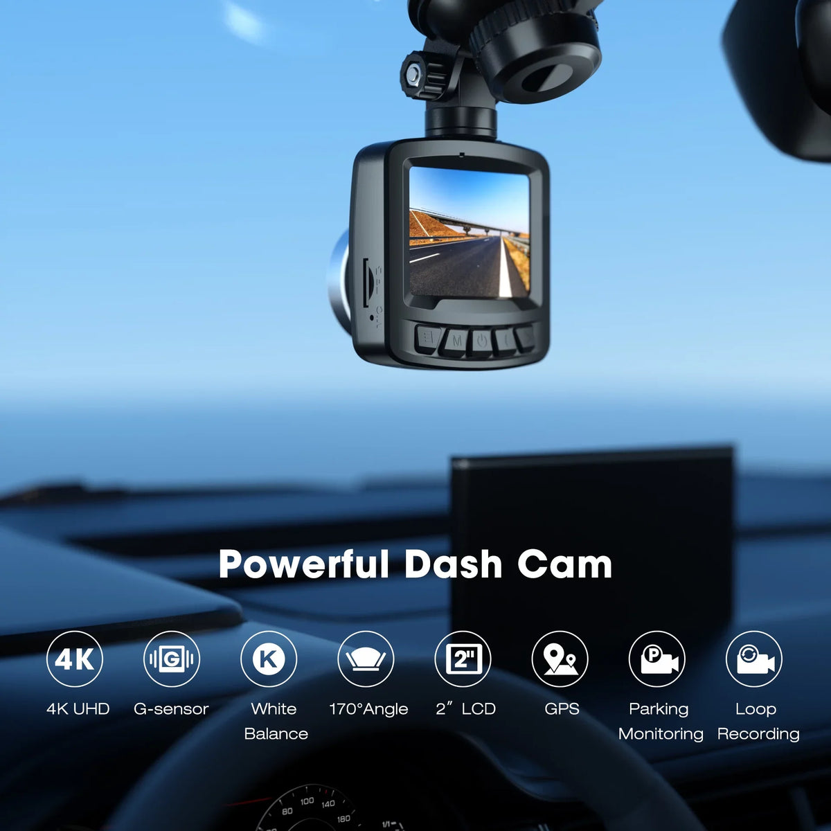 Wide Parking LCD Cam TOGUARD WDR, Mode, 2" Dash Cam,4K Car Front Vision, Angle, Dash Night GPS, Camera Screen with G-Sensor 170°