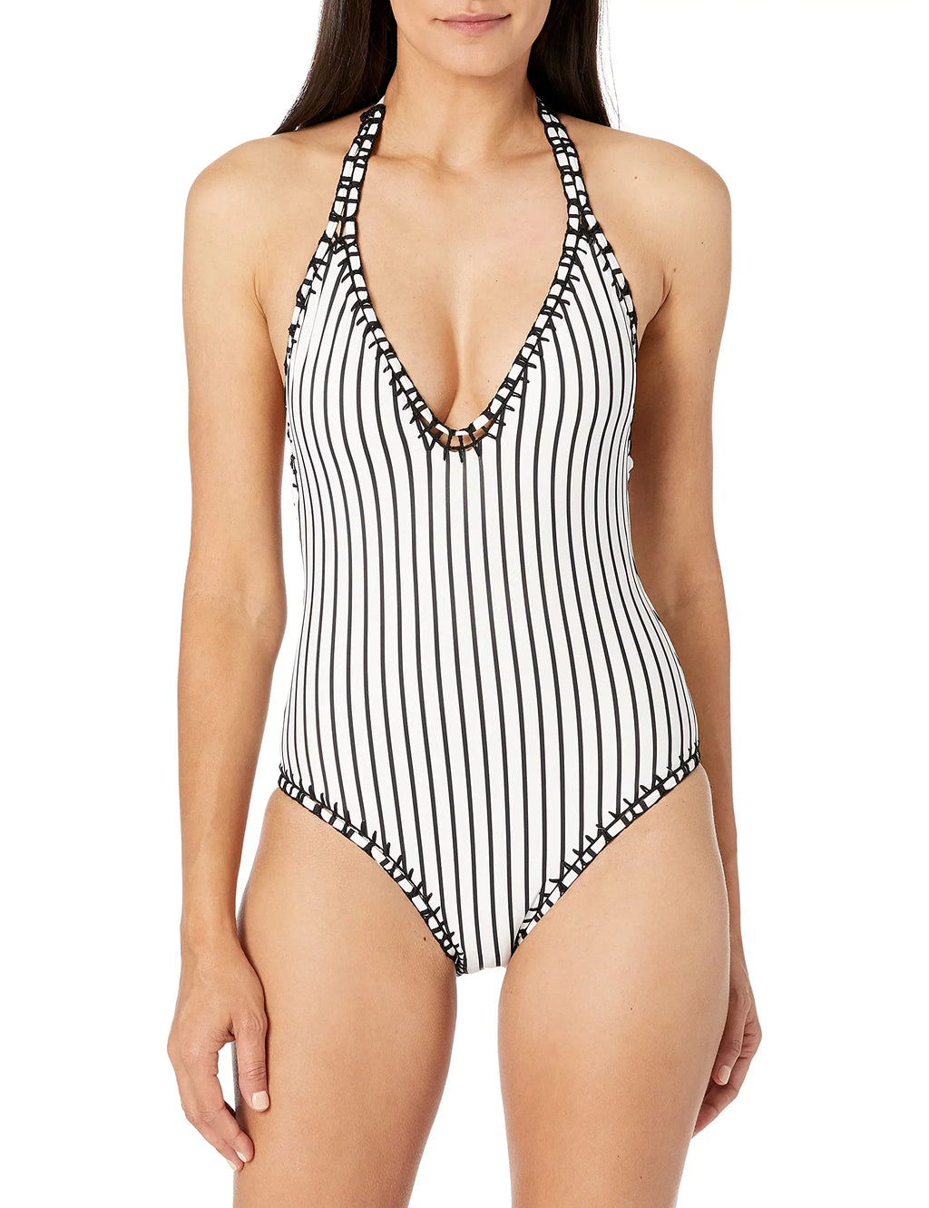 3 Bar XL Plunge White Swimwear MSRP $88 Black One Mio Brand dimension Swimsuit Piece