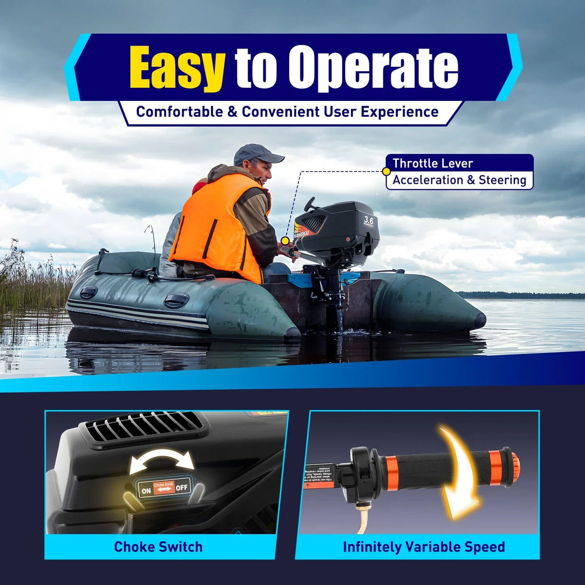 Motor Boat Outboard 3.6 liquid Engine Outboard Motor HANGKAI CDI HP Boat Fishing Stroke 90cm/35.4in 2 Cooling