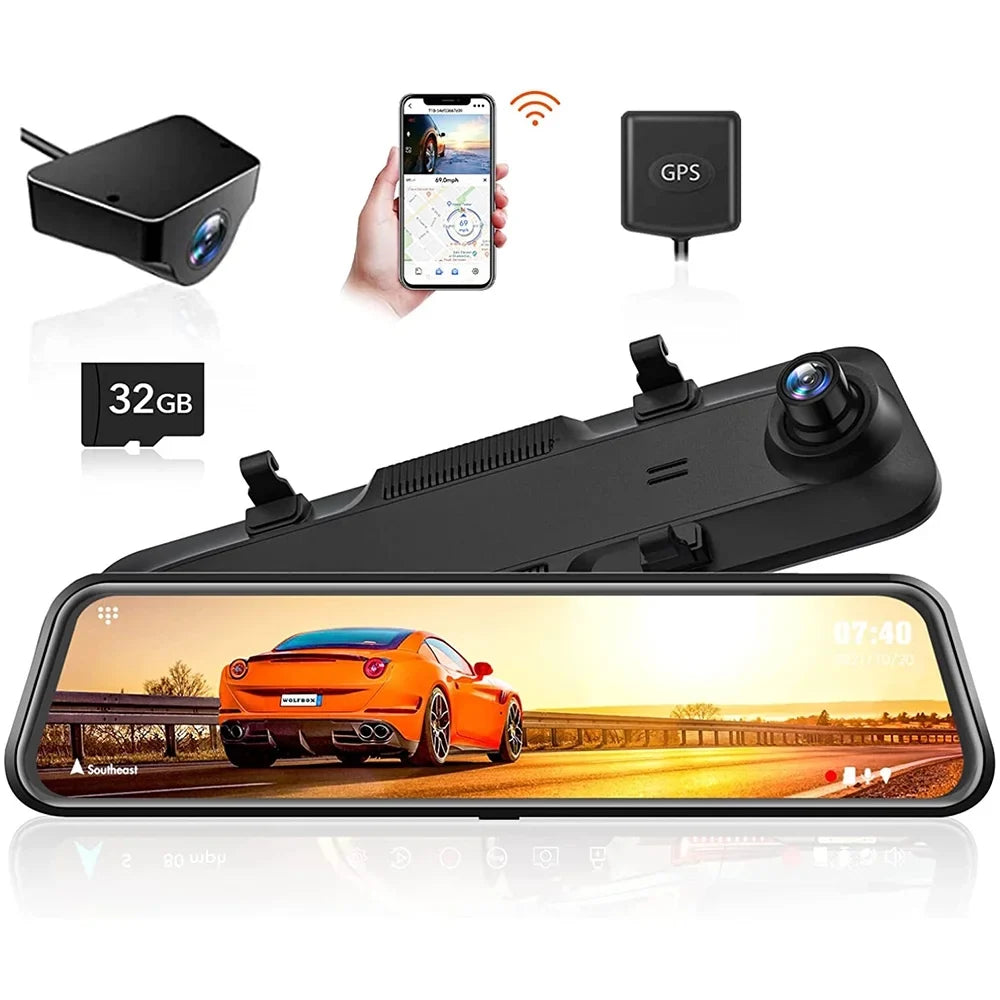 Rear Vision, Mirror Front Camera, Camera, Night 12'' Card 1080P Free Dash Rear View Cam and Built-in 2.5K 32GB with Monitor, Mirror GPS, Parking Wi-Fi WOLFBOX
