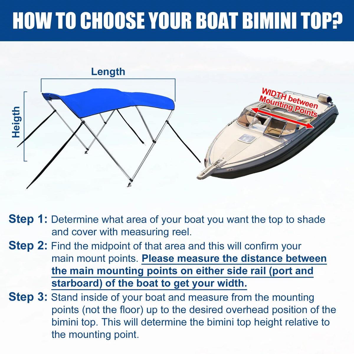 Steel 46"Hx61"-66"W Blue x Stainless Top Bimini Hinges Deck 3 Unique Bargains 6"L Bow 600D