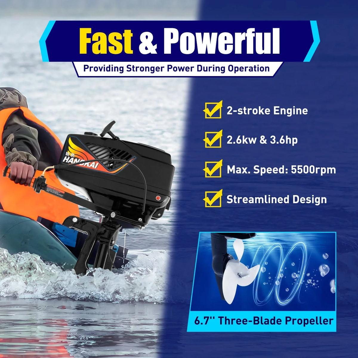 Motor Boat Outboard 3.6 liquid Engine Outboard Motor HANGKAI CDI HP Boat Fishing Stroke 90cm/35.4in 2 Cooling