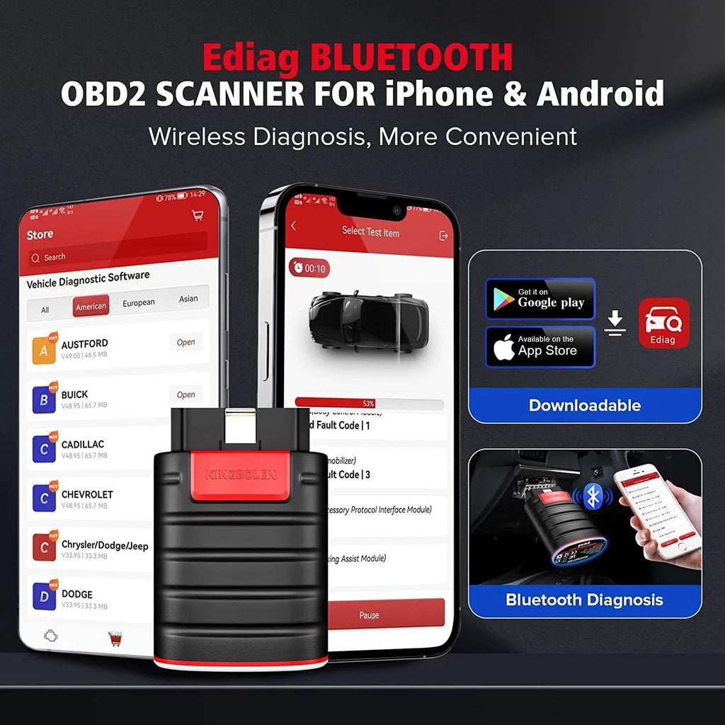 15+ OBD2 Year 1 Functions, Coding, Scanner All All Ediag for Diagnostic Systems Bidirectional Reset Bluetooth iPhone ECU Android, KINGBOLEN Software with Free & Tool