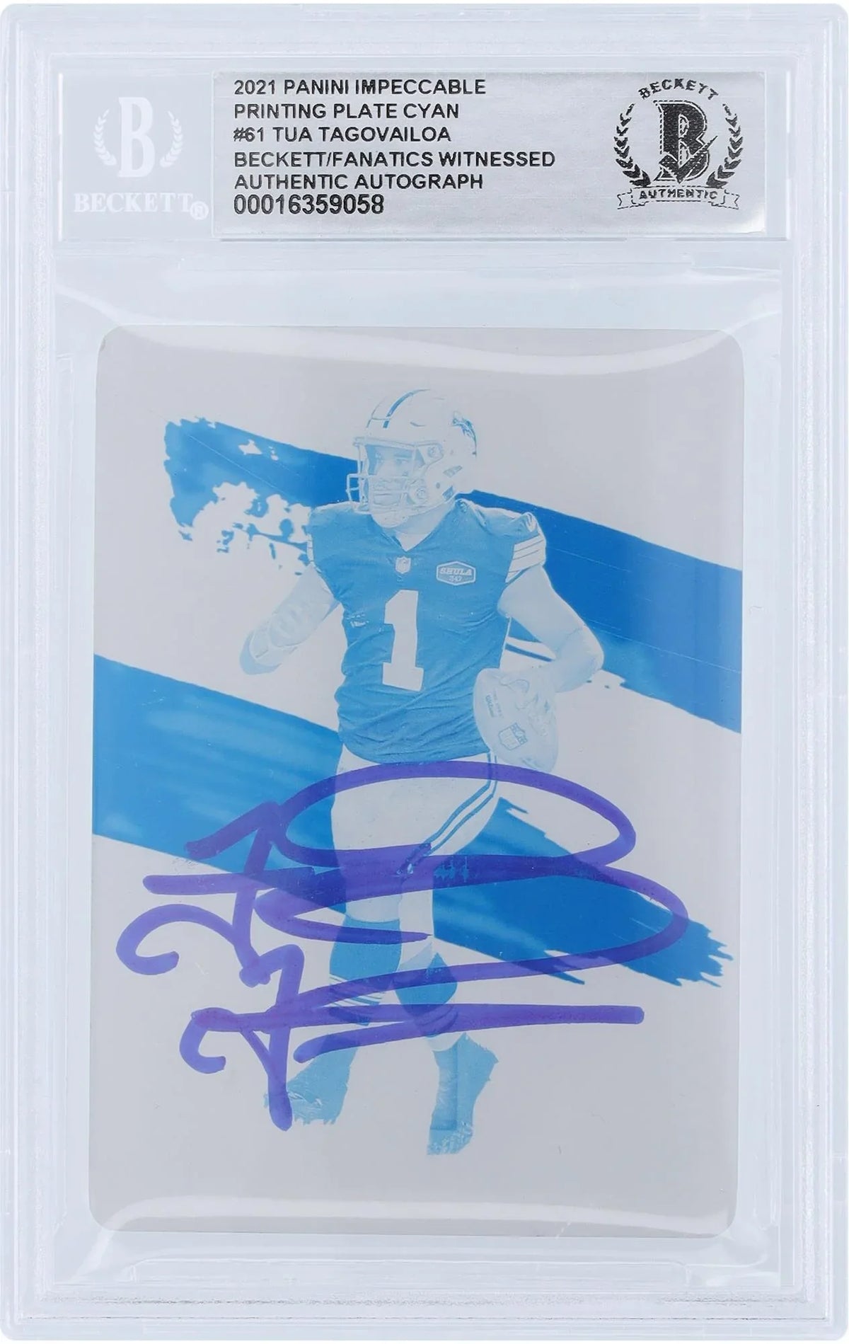 Tagovailoa - Card Fanatics Tua Printing Beckett Autographed Authenticated Impeccable Fanatics Plate Miami Witnessed #61 Certified Panini 2021 #1/1 Authentic Cyan Dolphins