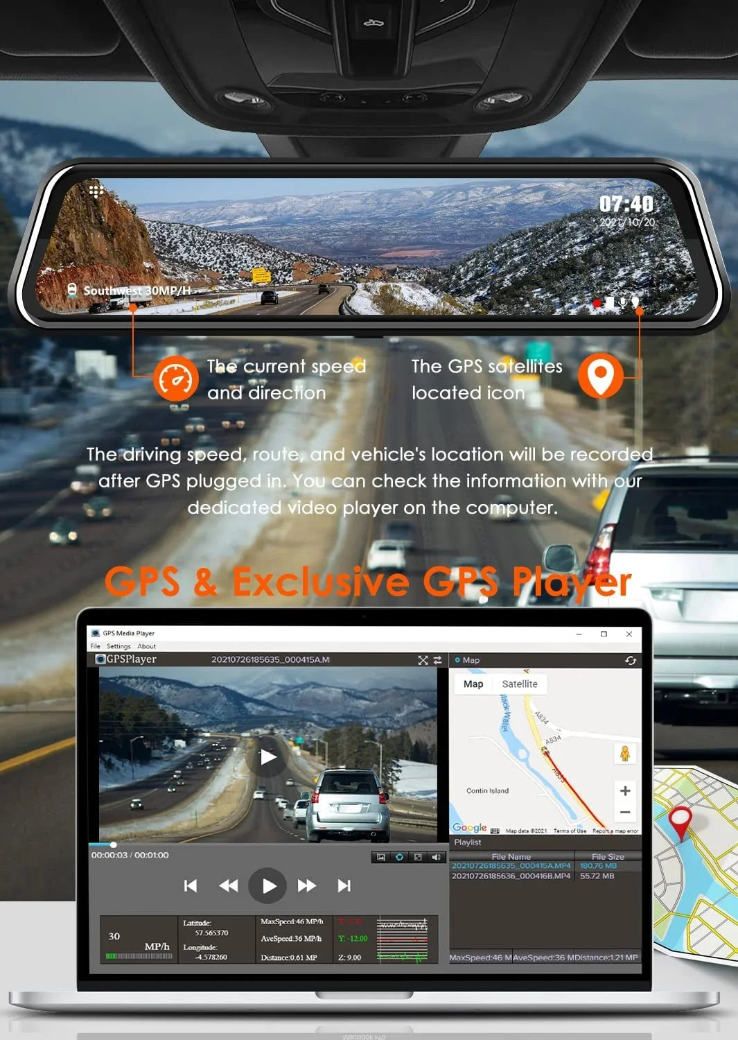Rear Vision, Mirror Front Camera, Camera, Night 12'' Card 1080P Free Dash Rear View Cam and Built-in 2.5K 32GB with Monitor, Mirror GPS, Parking Wi-Fi WOLFBOX