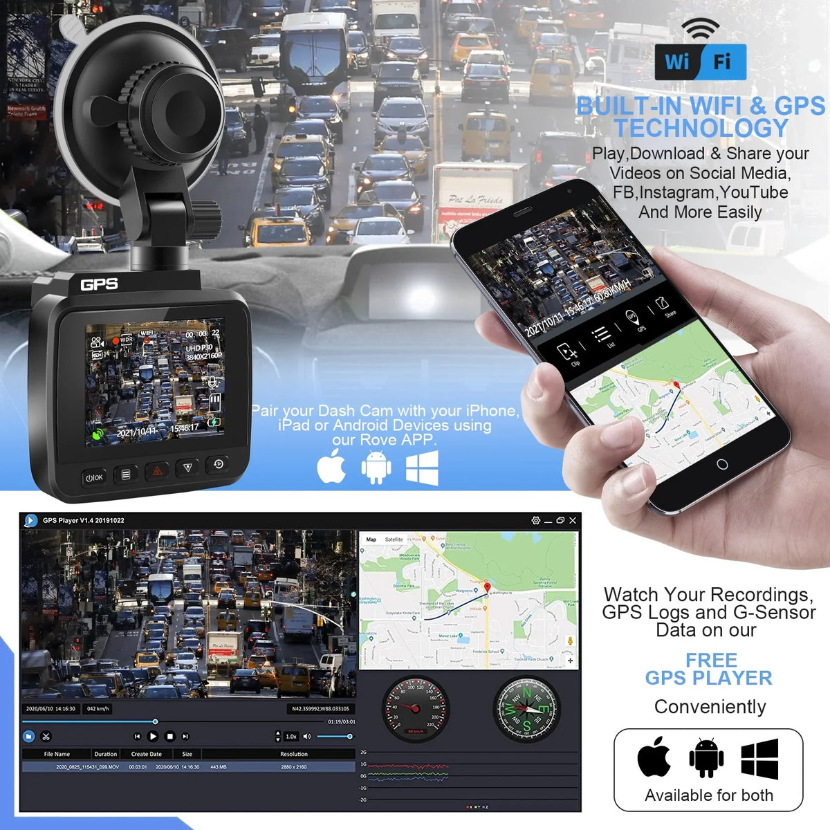 Wide Recorder Cam FHD with WiFi Recording, Camera, Monitor, and Loop Driving WDR, GPS Vision, Cam 170° Front Built-in & Car Night Angle Parking 4K with Dash for G-Sensor, 2160P Cars, Dash Rear