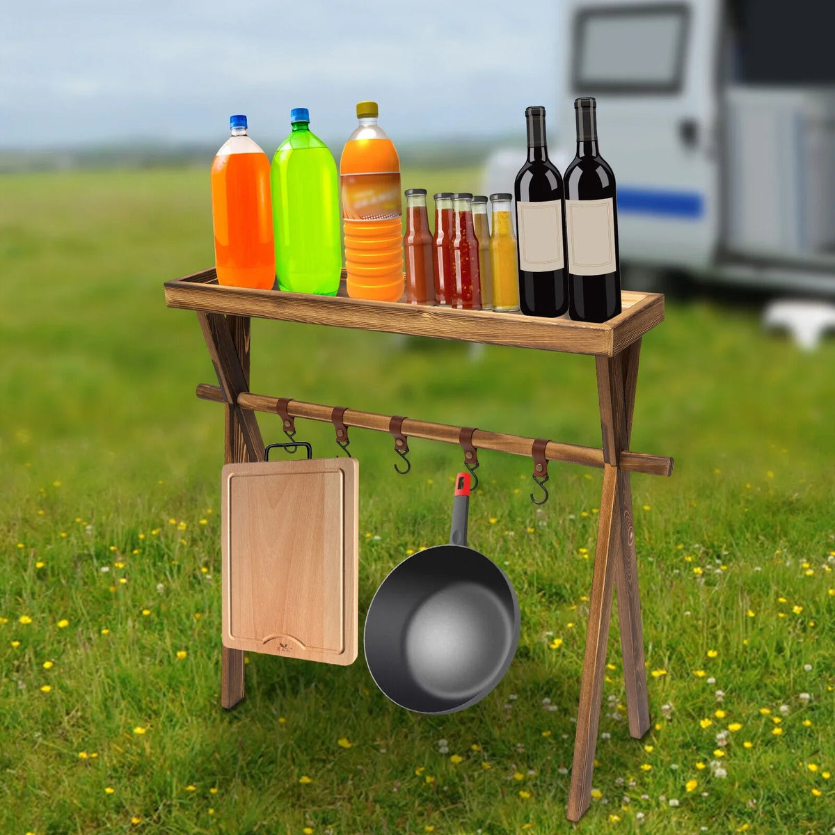 Rack Table exterior Miumaeov Picnic, Picnic Shelf Rack Wooden Portable Grill BBQ Camping, Storage for