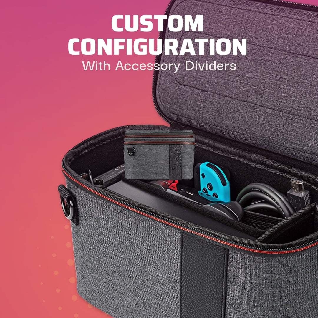 Gaming Stand, Straps Edition: Console with 2-in-1 Grey Case Dividers: PDP & Pull-N-Go Elite Switch Travel Built-in Interchangeable Removable Nintendo -