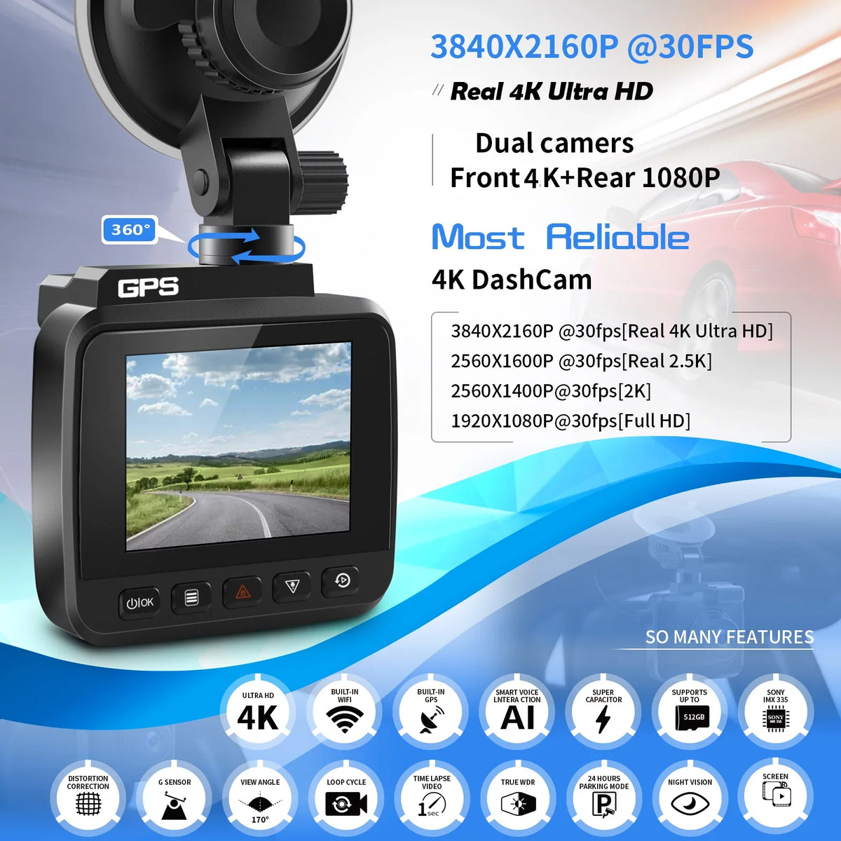 Wide Recorder Cam FHD with WiFi Recording, Camera, Monitor, and Loop Driving WDR, GPS Vision, Cam 170° Front Built-in & Car Night Angle Parking 4K with Dash for G-Sensor, 2160P Cars, Dash Rear