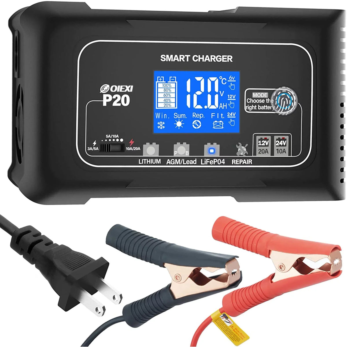 Charger,Trickle Battery Cart.. 20-Amp Mower,Golf Smart 24V/10A Adjustable,for and Cycle Charger,Lithium,LiFePO4,Lead-Acid,Portable Charger,Maintainer/Deep Battery Charger,12V/20A Boat,Lawn Car OIEXI