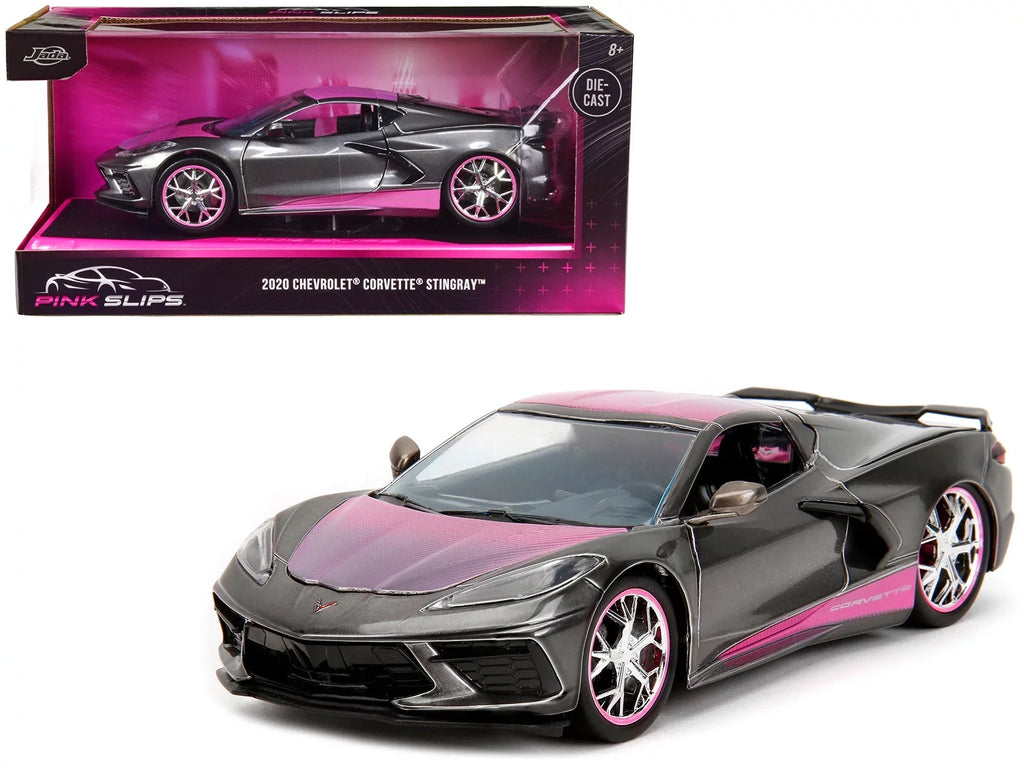 Corvette Car 2020 1/24 Gray Diecast Stingray Slips Carbon Metallic Hood Pink with Pink by Model and Jada Chevrolet Series Top