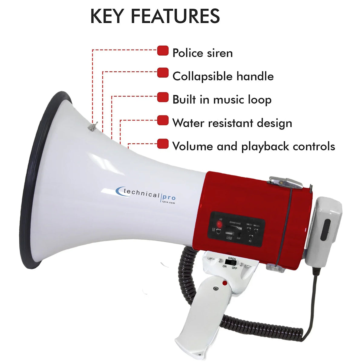 Portable Technical Battery Detachable Rechargeable Microphone w/ Siren Speaker 50-Watt and Pro Bullhorn Megaphone for w/