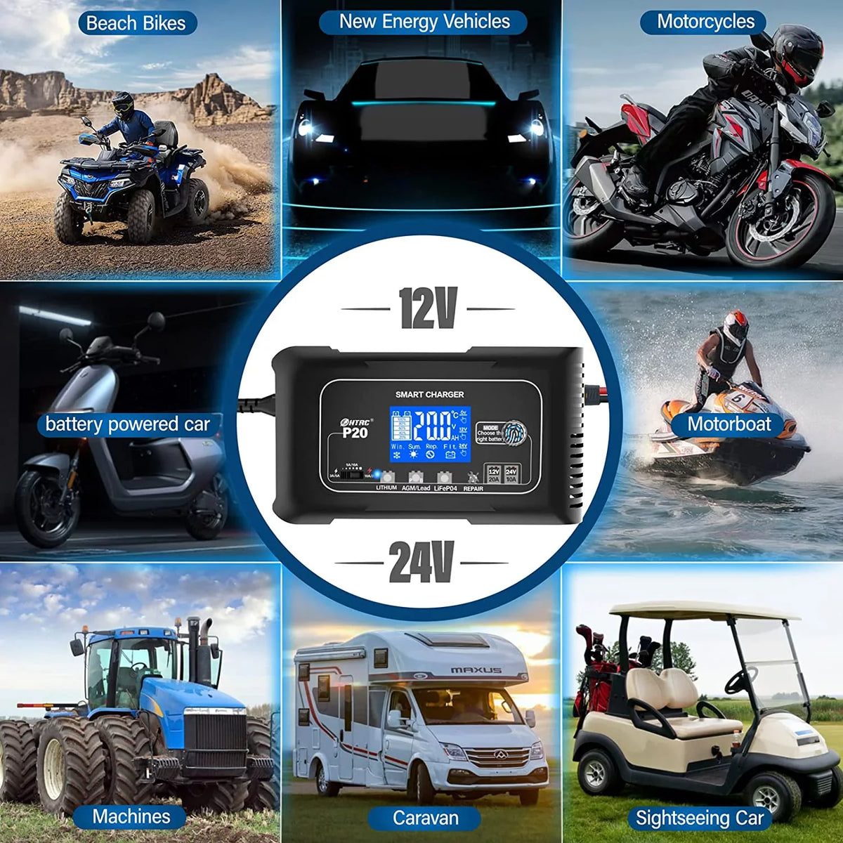 Charger,Trickle Battery Cart.. 20-Amp Mower,Golf Smart 24V/10A Adjustable,for and Cycle Charger,Lithium,LiFePO4,Lead-Acid,Portable Charger,Maintainer/Deep Battery Charger,12V/20A Boat,Lawn Car OIEXI