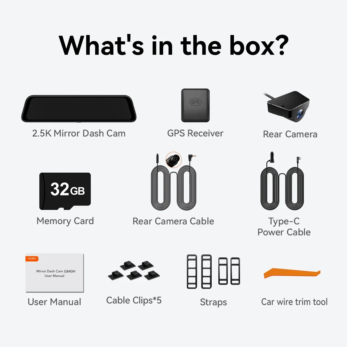 Rear Vision, Mirror Front Camera, Camera, Night 12'' Card 1080P Free Dash Rear View Cam and Built-in 2.5K 32GB with Monitor, Mirror GPS, Parking Wi-Fi WOLFBOX