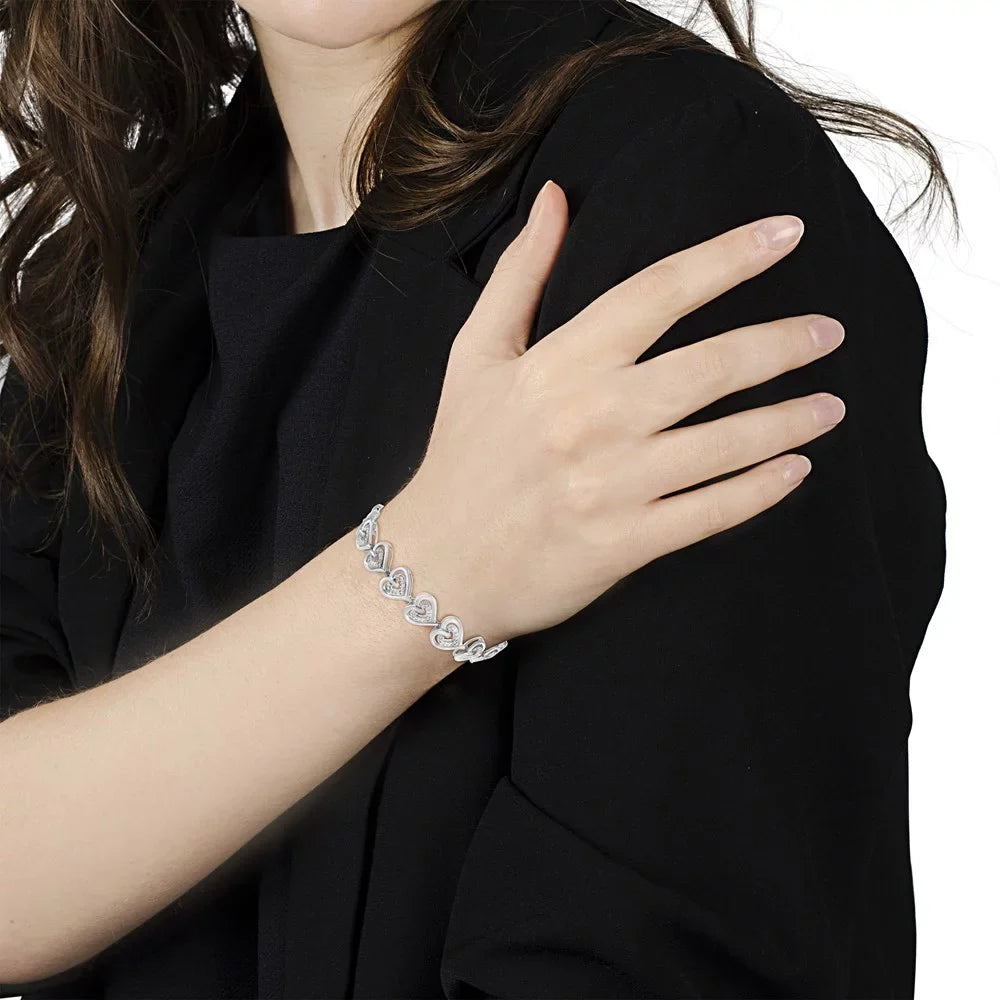 Inches - 1/4 Round-Cut 7.25" (I-J Diamond Silver Bracelet Cttw I2-I3 .925 Color, Sterling Link Clarity) Heart Double