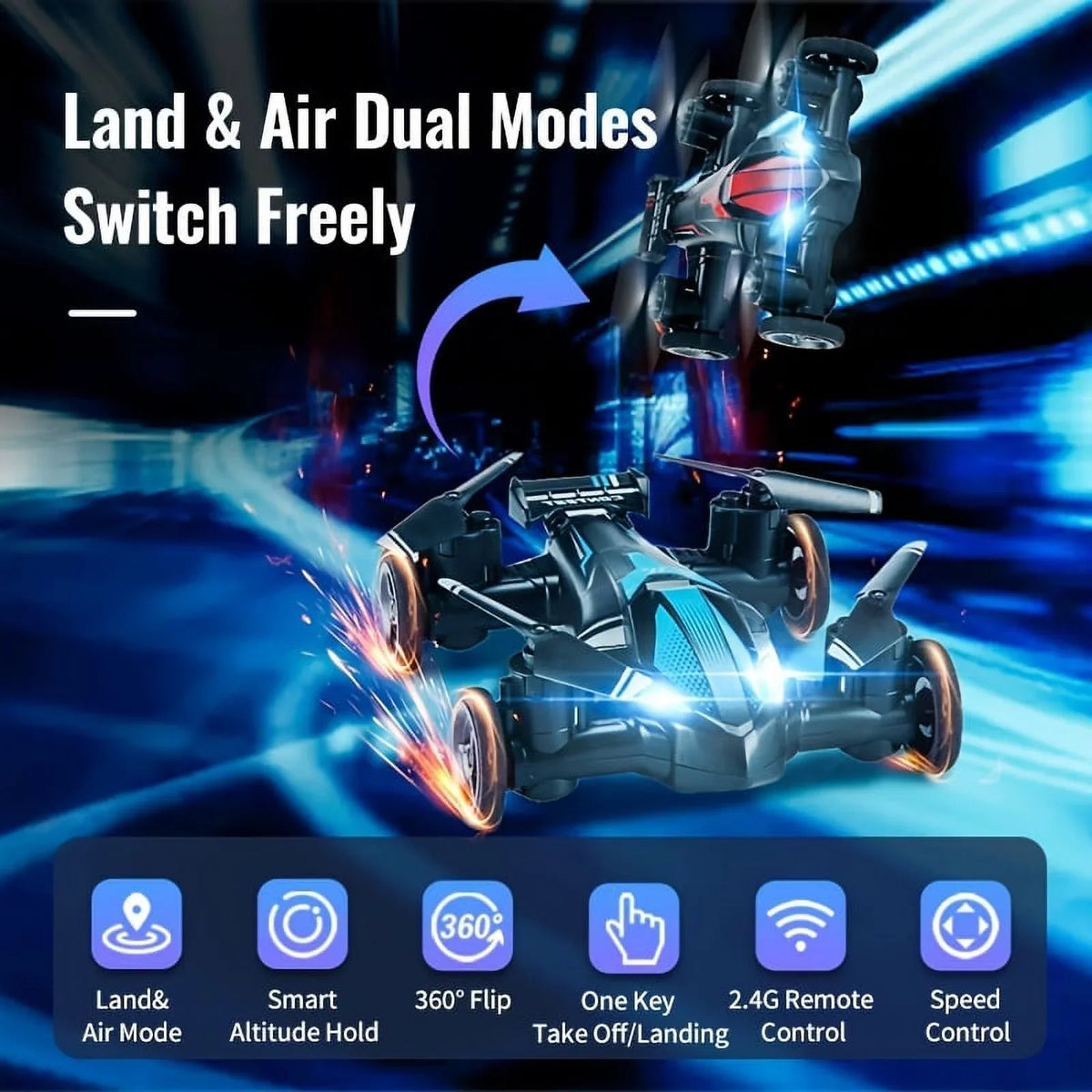 Unmanned Car Dual-use RC And Gift Flight, And Height Drone High-speed Toys Four-axis Land Low-speed Drone Setting, Intelligent Switch Air Toy For Stable