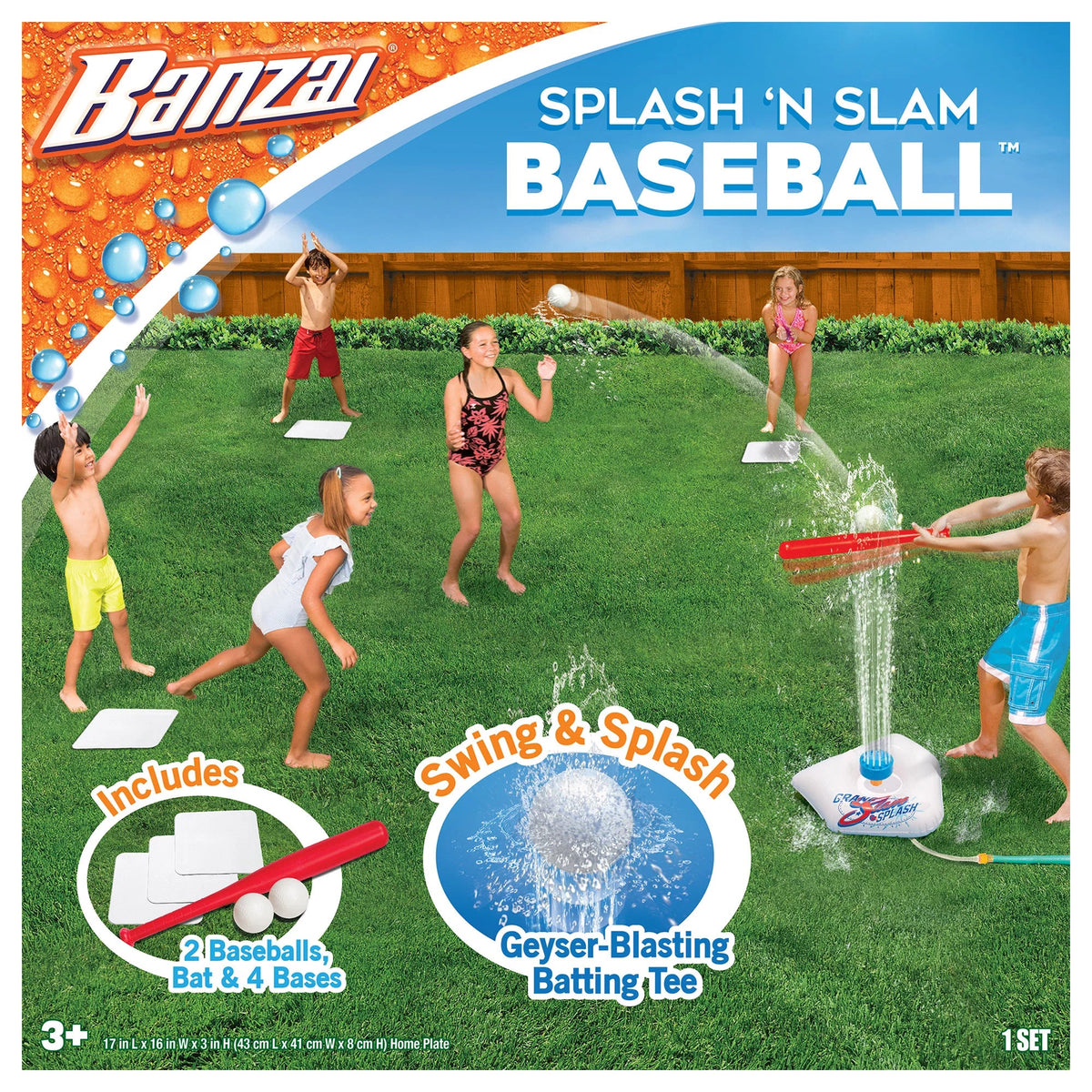 Ages Kids Plate & & 2 Batting & , + Plastic - + Balls Bases, Practice, Bat Game liquid Backyard Splash 3 Sports Includes Banzai Tee Baseball Home Sprinkler Slam Plastic -