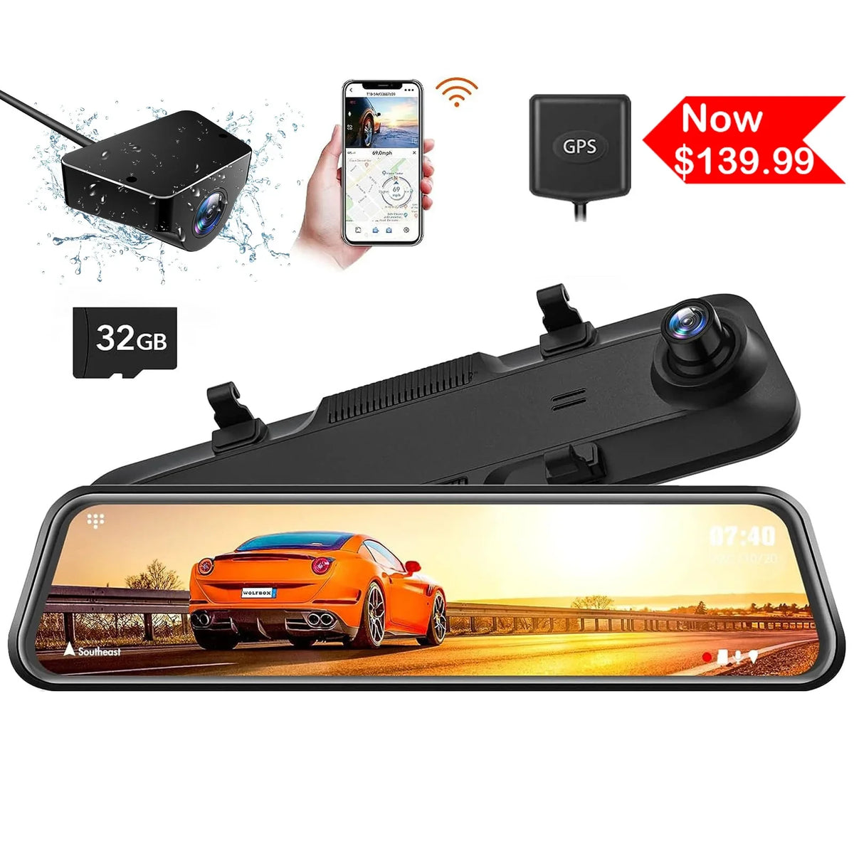 Rear Vision, Mirror Front Camera, Camera, Night 12'' Card 1080P Free Dash Rear View Cam and Built-in 2.5K 32GB with Monitor, Mirror GPS, Parking Wi-Fi WOLFBOX