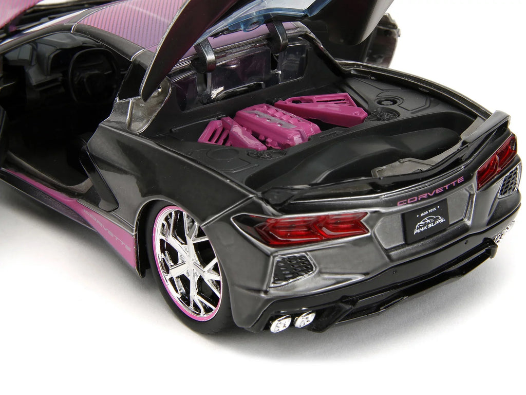 Corvette Car 2020 1/24 Gray Diecast Stingray Slips Carbon Metallic Hood Pink with Pink by Model and Jada Chevrolet Series Top