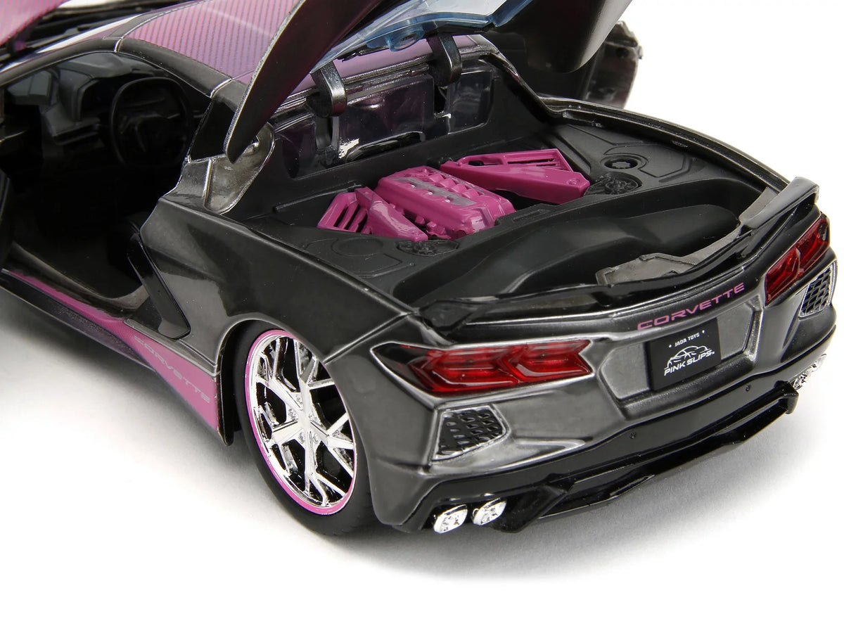 Corvette Car 2020 1/24 Gray Diecast Stingray Slips Carbon Metallic Hood Pink with Pink by Model and Jada Chevrolet Series Top