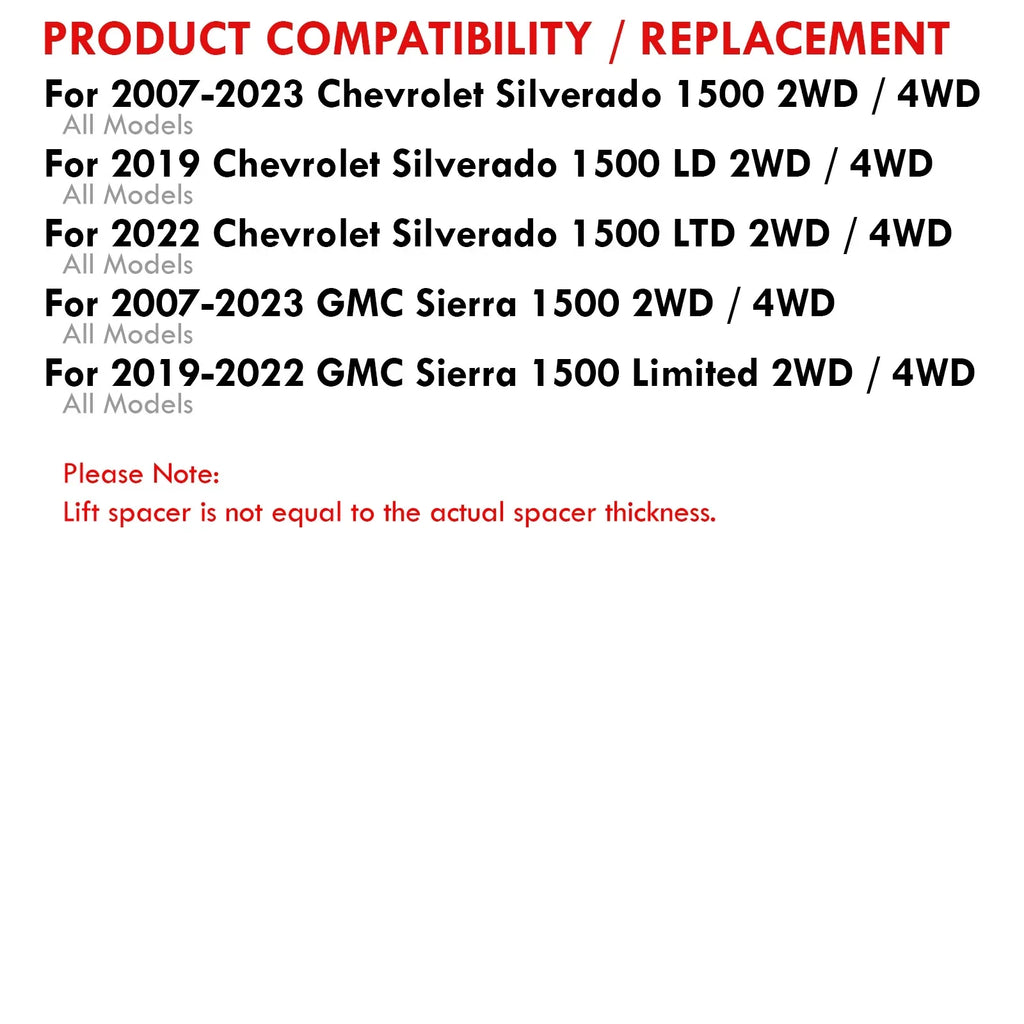 2020 Silverado 2018 Leveling 2" 2021 Front 2013 2012 2010 GMC Compatible/Replacement 2015 Sierra SL 2017 Kit 2009 2019 Chevy For 2008 Distributors 2014 Lift Chevrolet 2016 2011 Spacer 2" 2007 Rear AJP